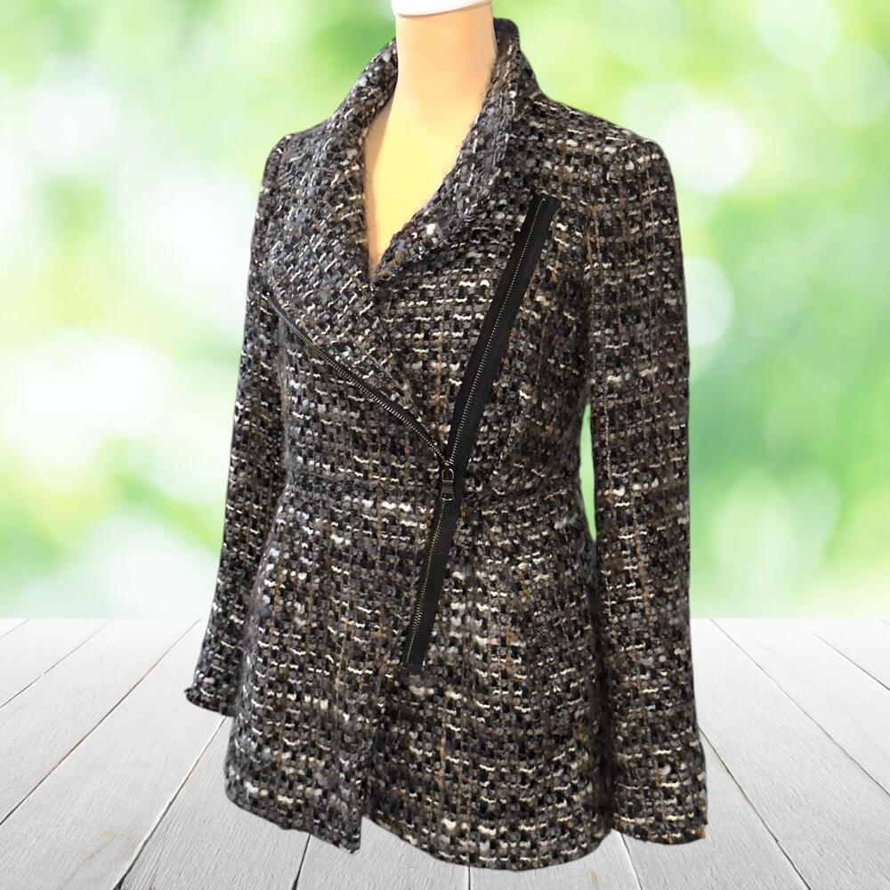 BANANA REPUBLIC Moto Jacket Coat Italian Wool Tweed Asym Zip Gray Womens XS